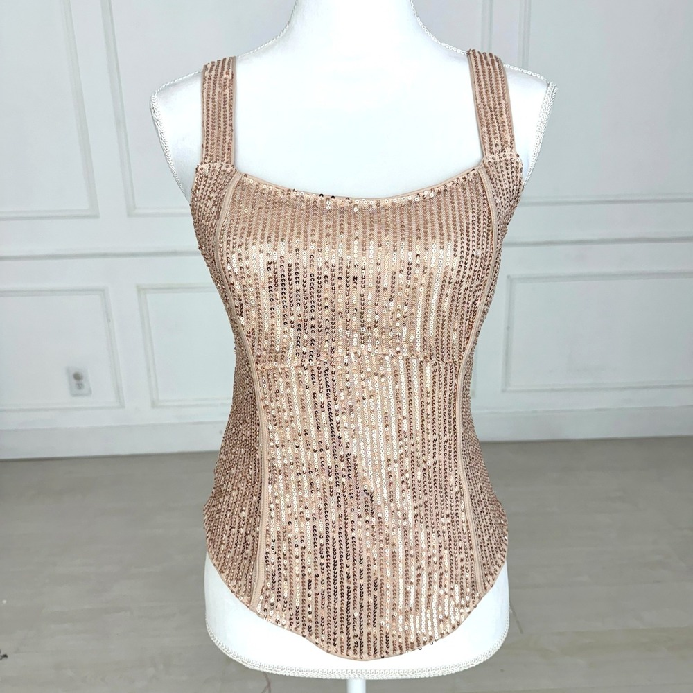 Grace Karin Gold Sequin Corset Top Square Neck Mesh Side Sleeveless‎ Medium NWT